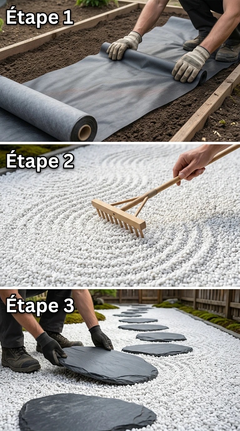 Gravier Blanc Ratissé et Dalles Pas-Japonais