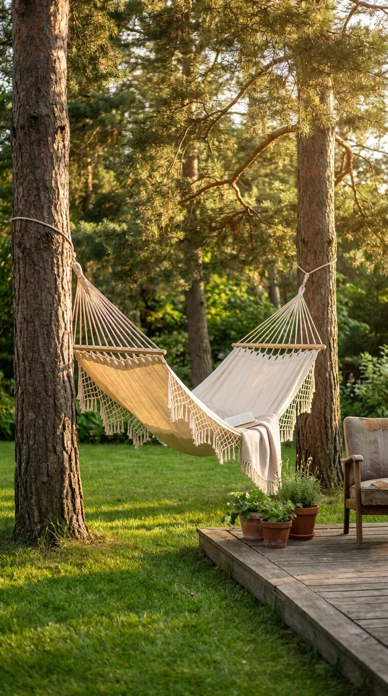 Hamac Suspendu entre Deux Arbres du Jardin