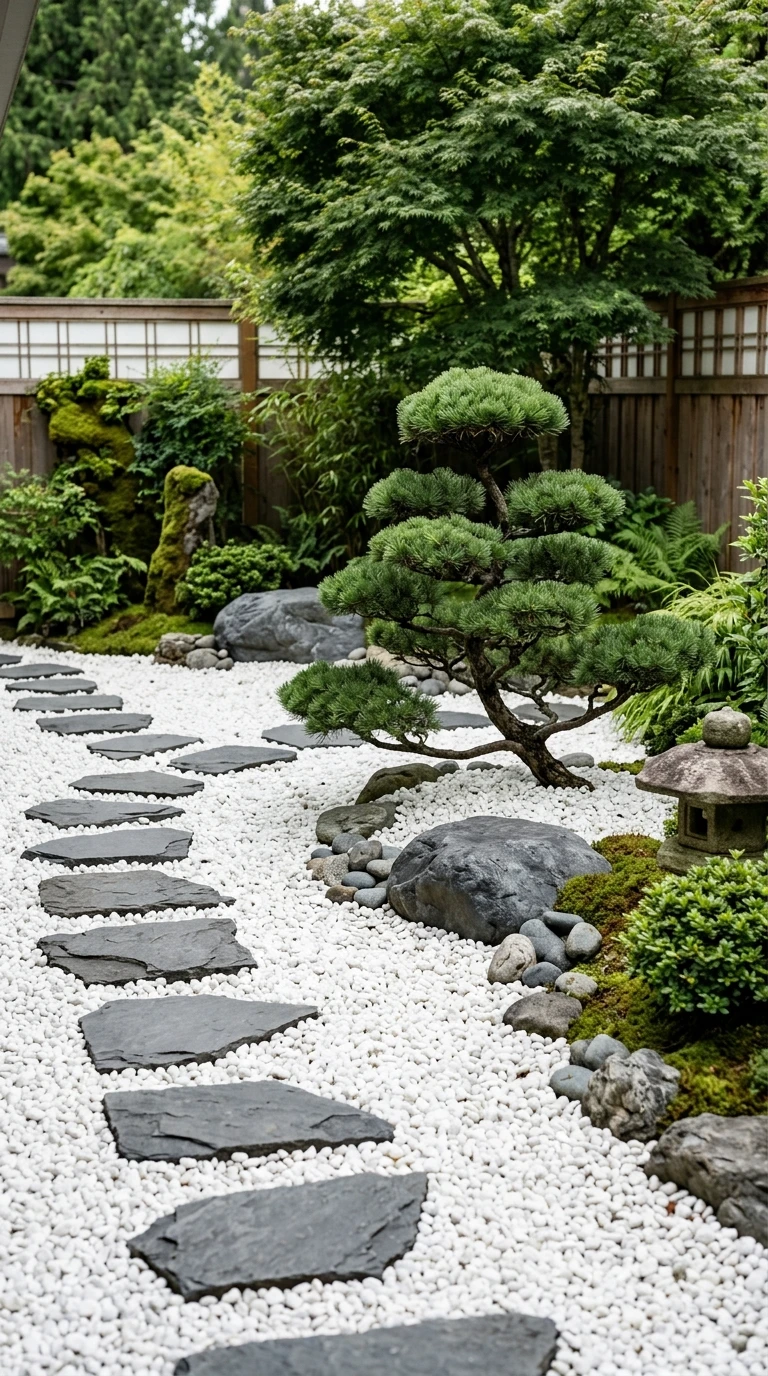 Jardin Sec Minimaliste en Gravier Blanc et Pierres Plates