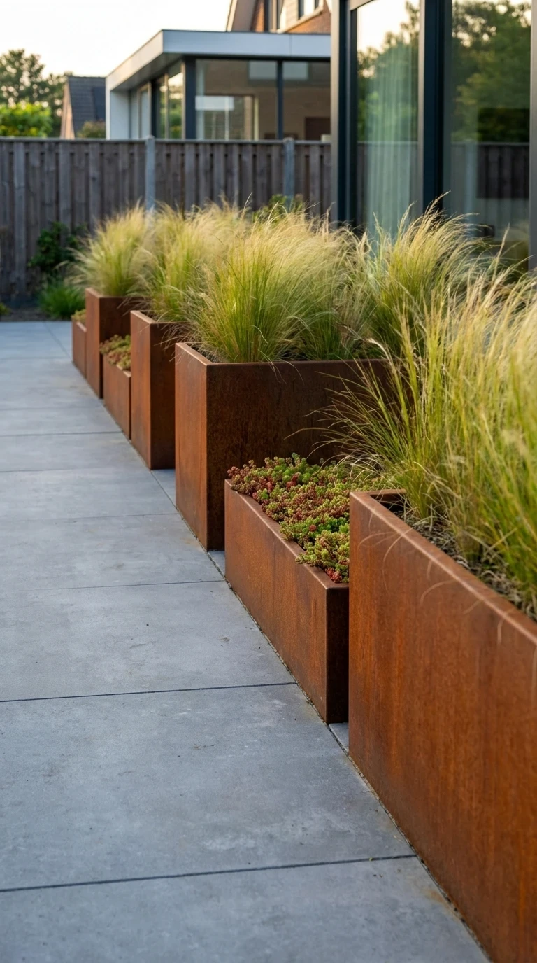 Jardinières en Corten Posées en Séquence sur la Terrasse