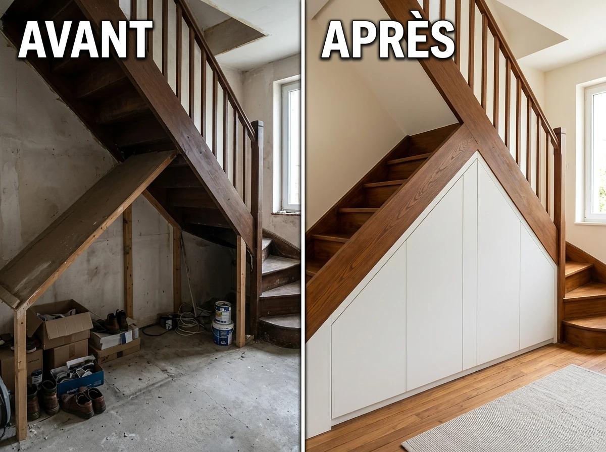 Le dressing fermé sous l'escalier