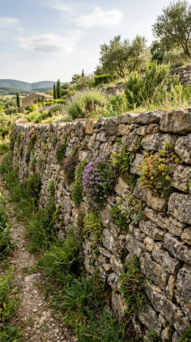 Mur Pierre Sèche avec Plantes dans les Interstices