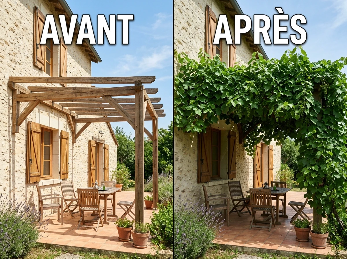 Pergola Adossée Bois et Vigne Ombre Naturelle