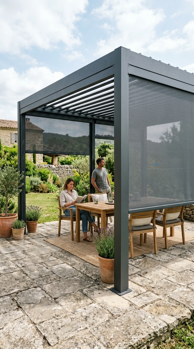 Pergola Aluminium 5x4m Autoportante avec Stores Latéraux