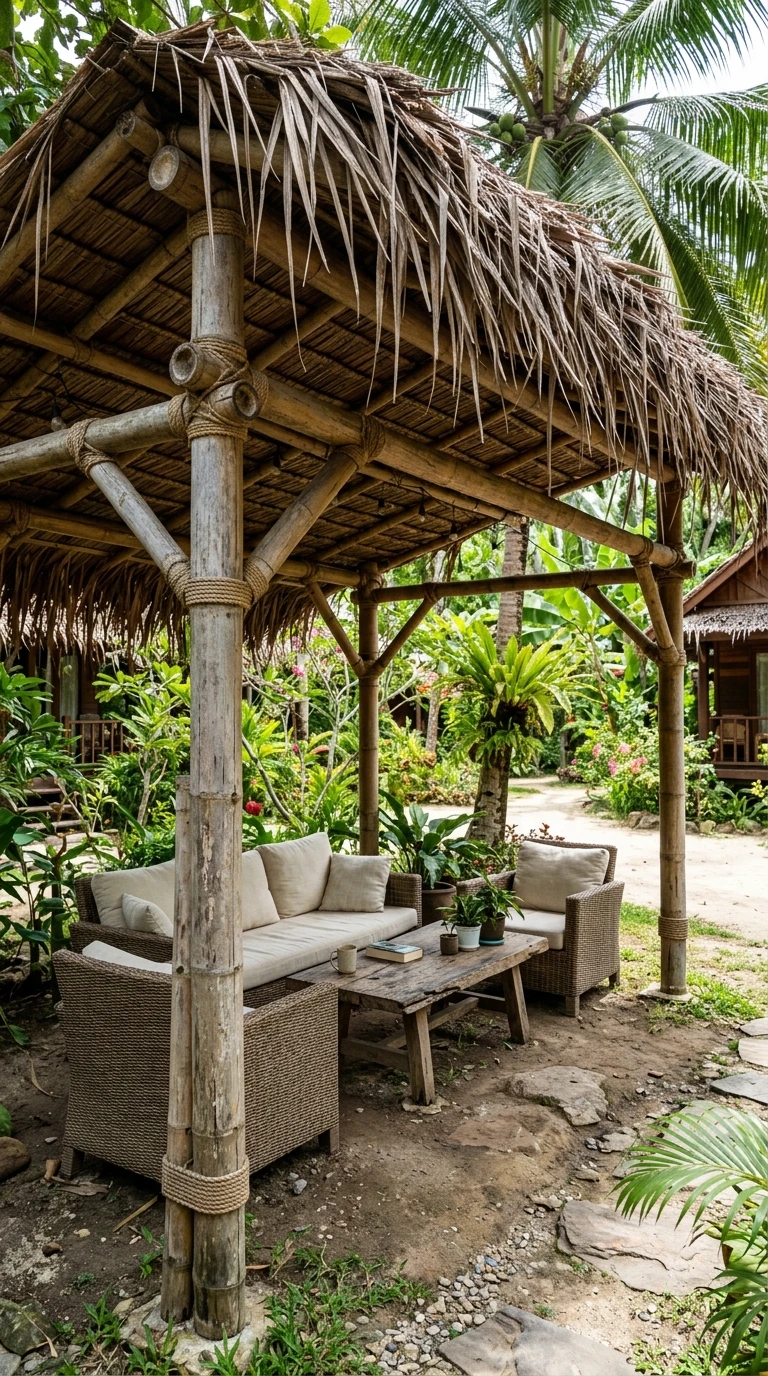 Pergola Bambou et Chaume Artisanale