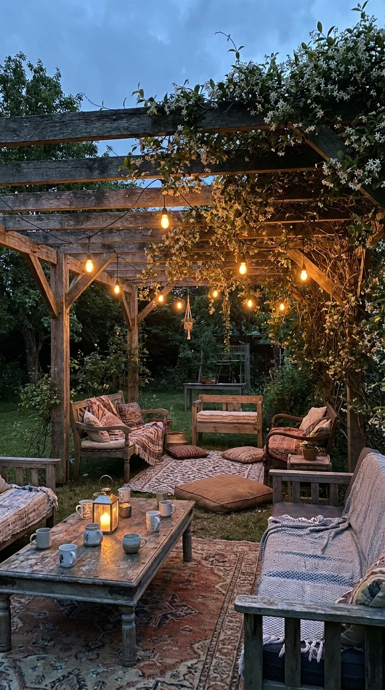 Pergola Bois avec Grimpantes et Guirlandes