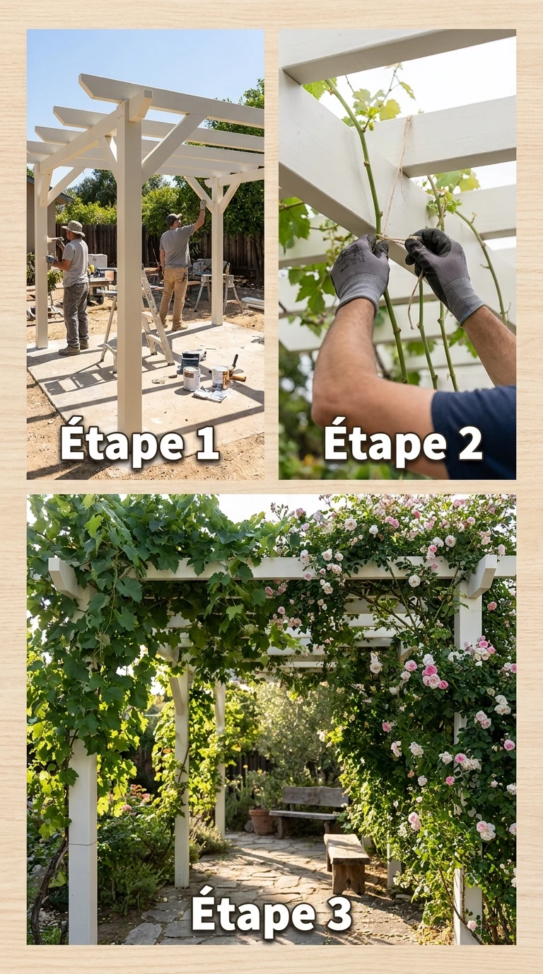 Pergola Bois Blanc avec Rosier et Vigne