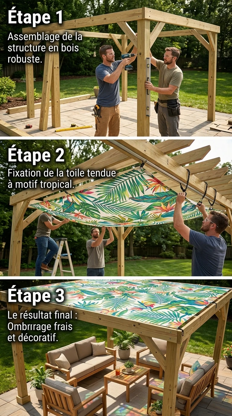 Pergola Bois et Toile en Tissu Imprimé