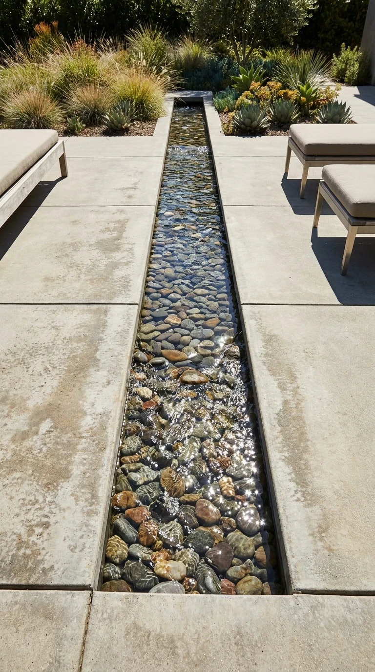 Rigole d'Eau Courante Traversant la Terrasse