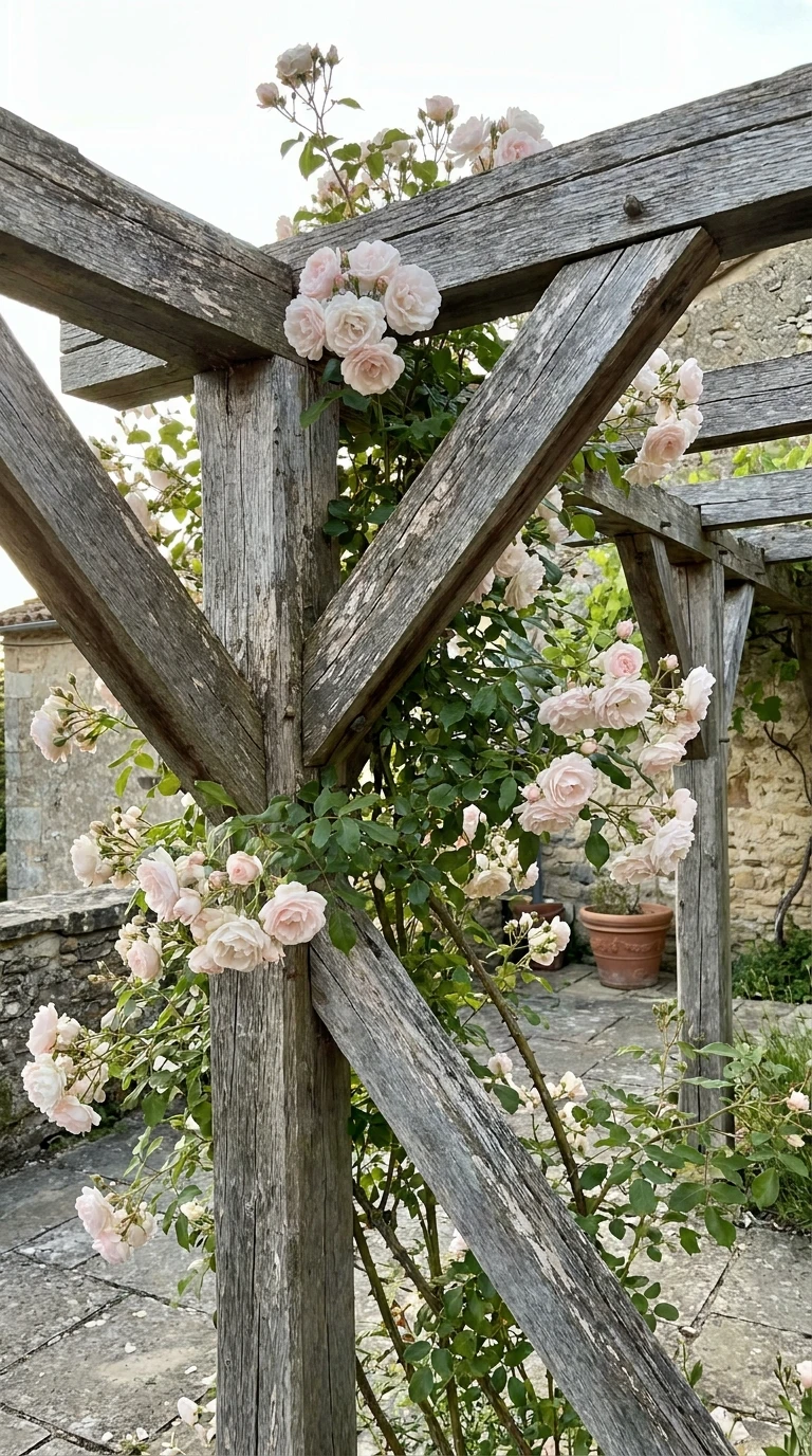 Rosier Grimpant New Dawn sur Pergola Bois