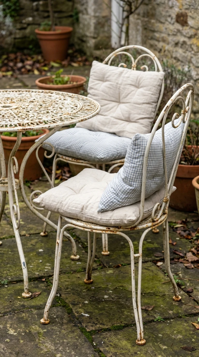 Salon de Jardin Fer Forgé Blanc avec Coussins