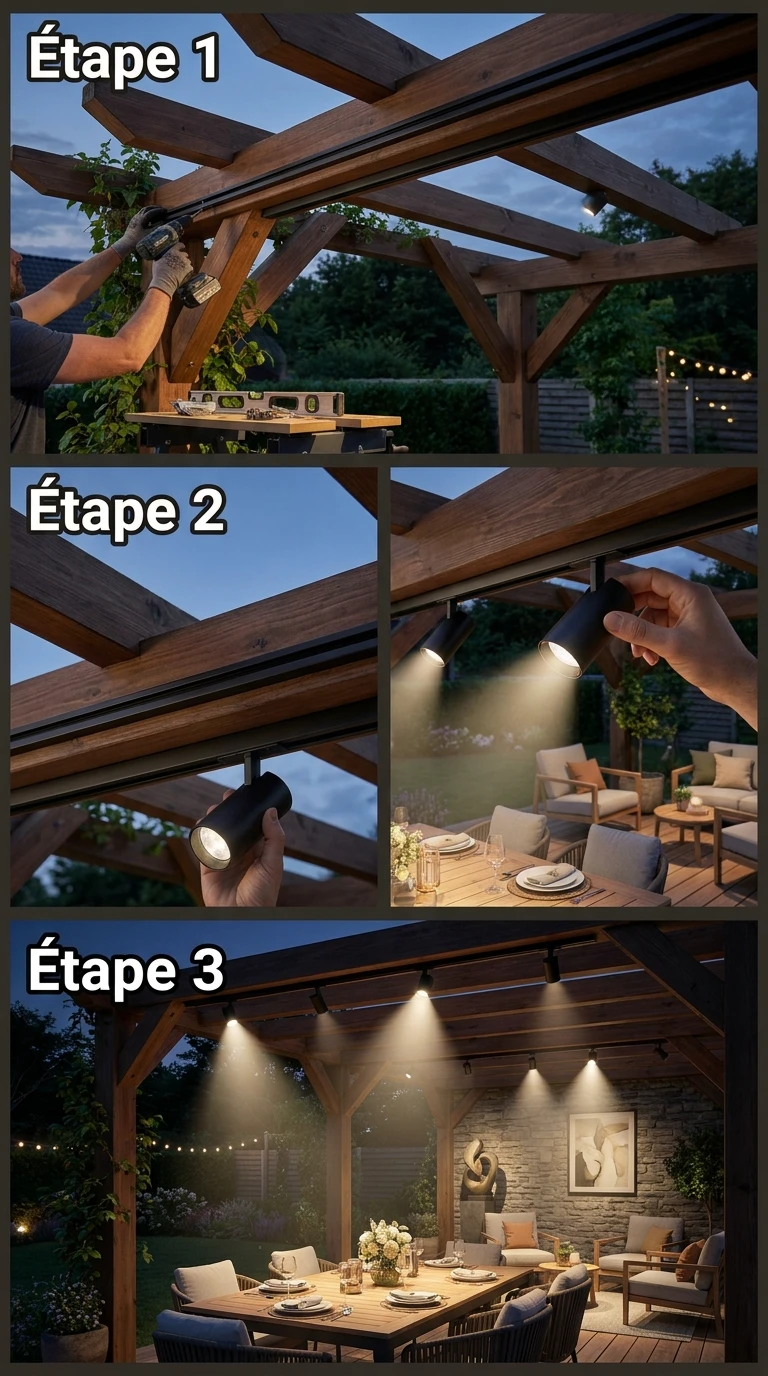 Spots Orientables sur Rail sous la Pergola