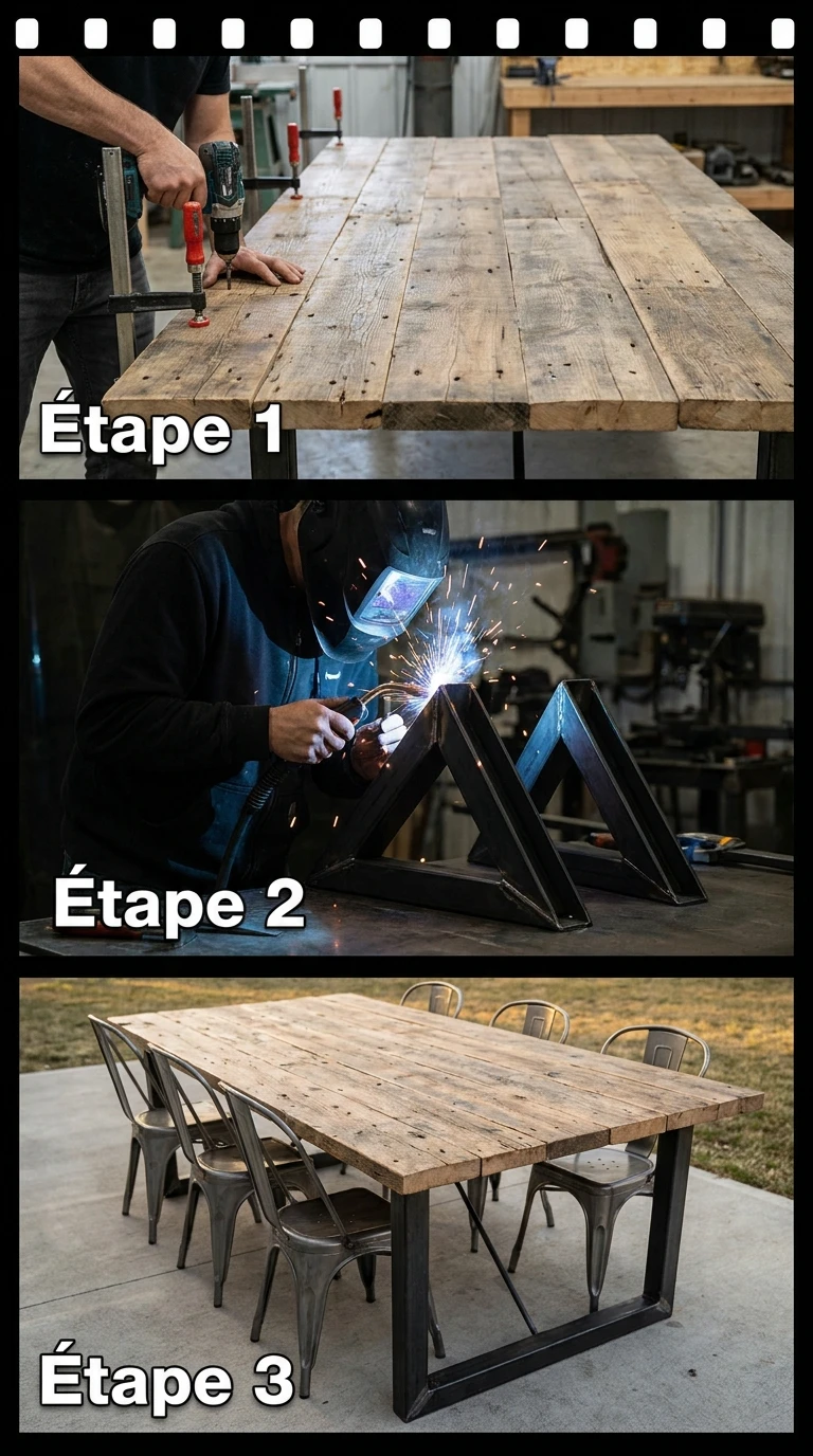 Table Atelier Bois Récupération et Pieds Cornière Acier