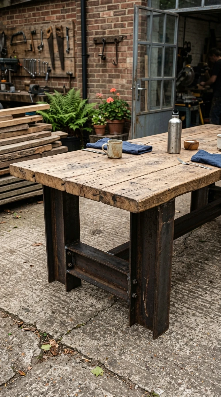 Table Atelier en Bois de Récupération et Pieds Acier