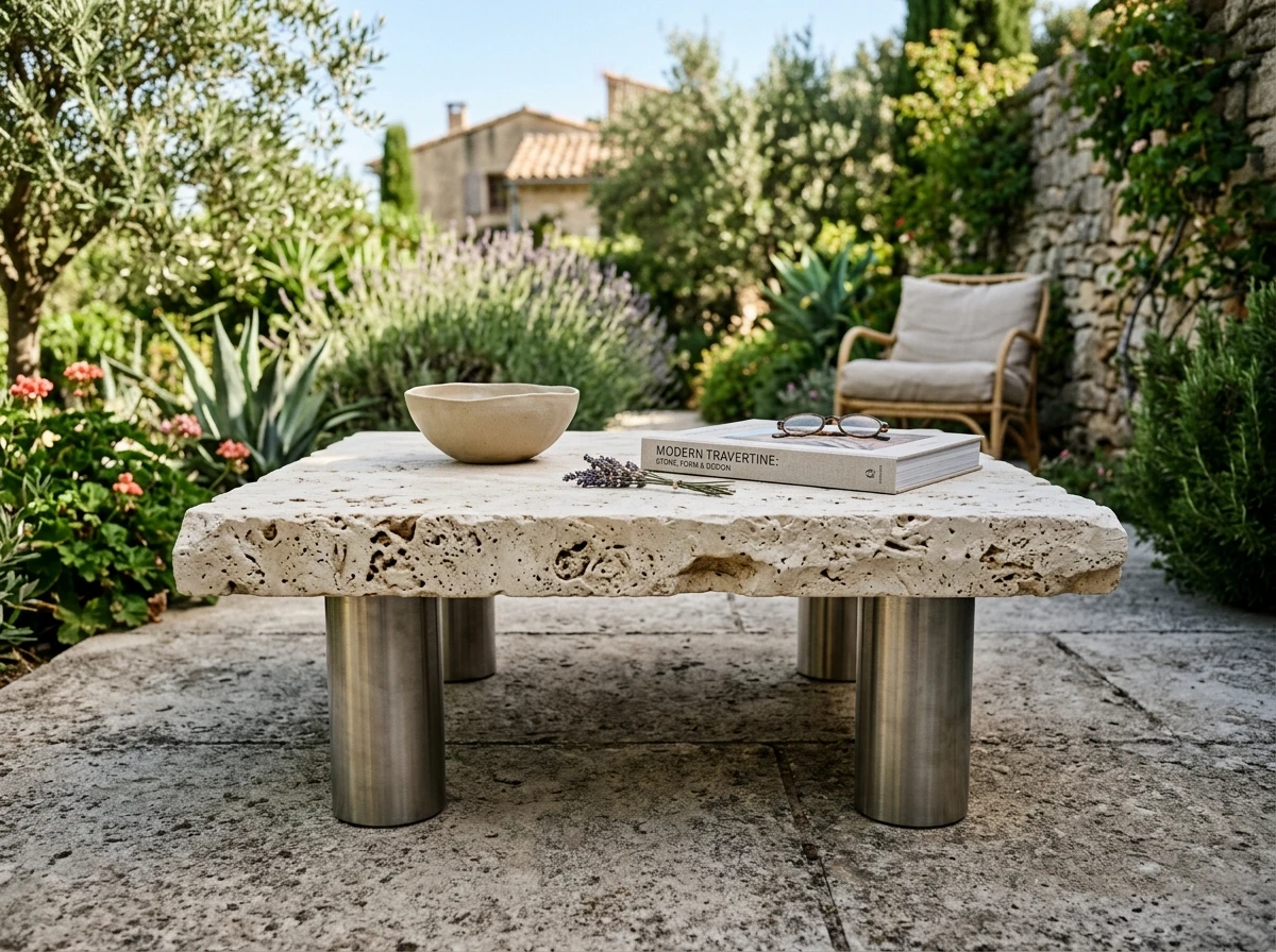 Table Basse en Travertin sur Pieds Inox