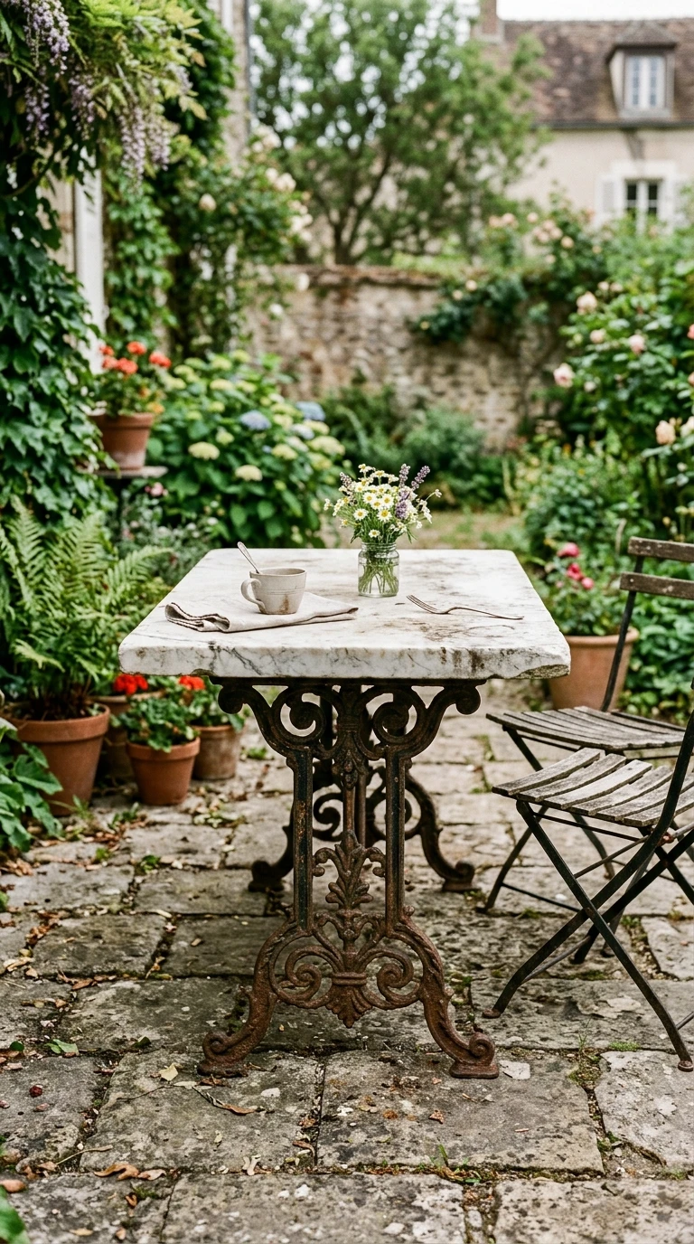 Table de Jardin Fonte et Marbre Récupérée
