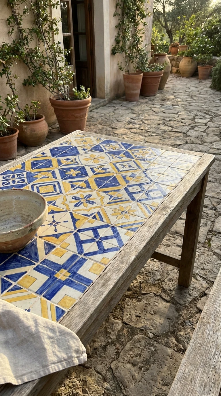 Table de Repas Peinte à Carreaux ou Mosaïque