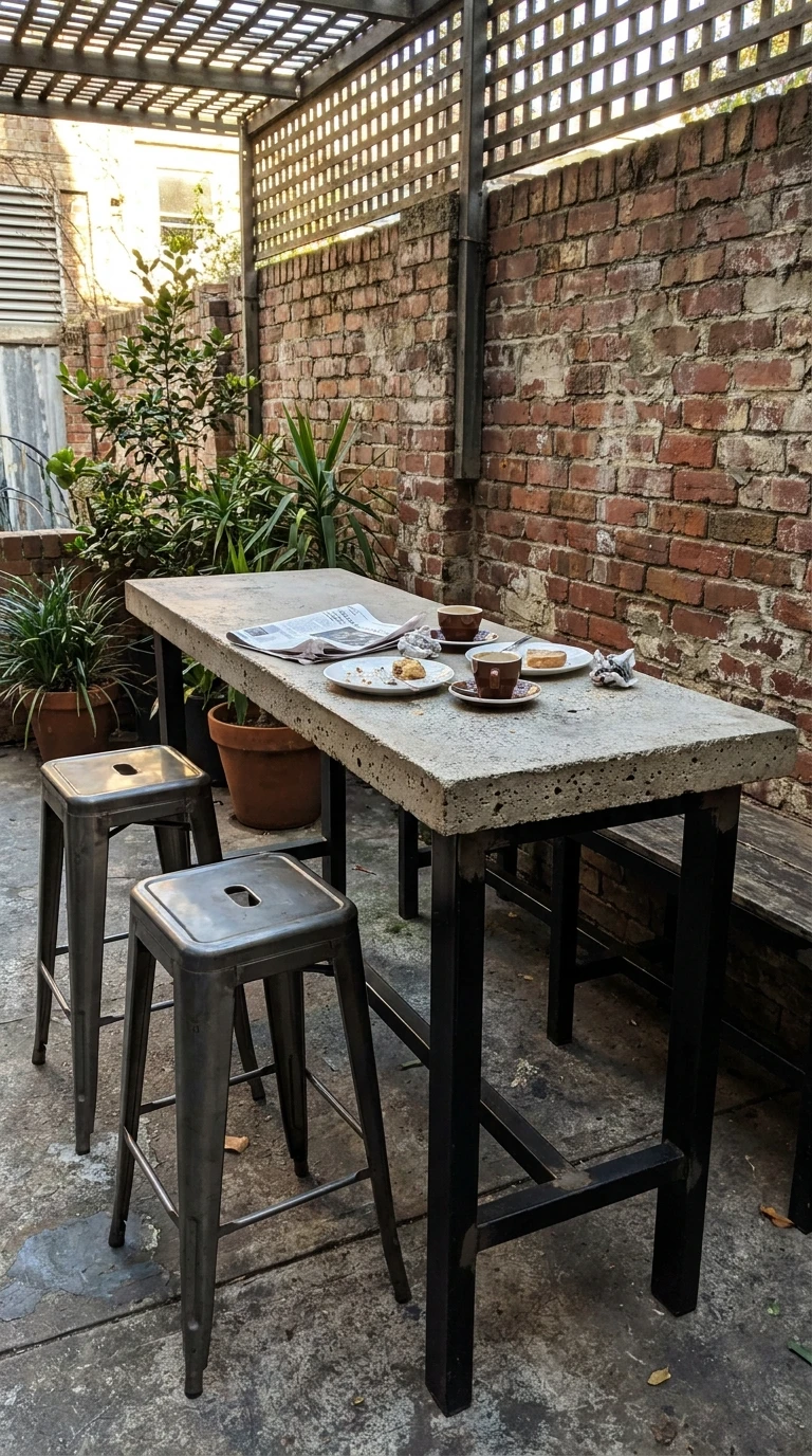 Table Haute Bar Béton et Tabourets Acier