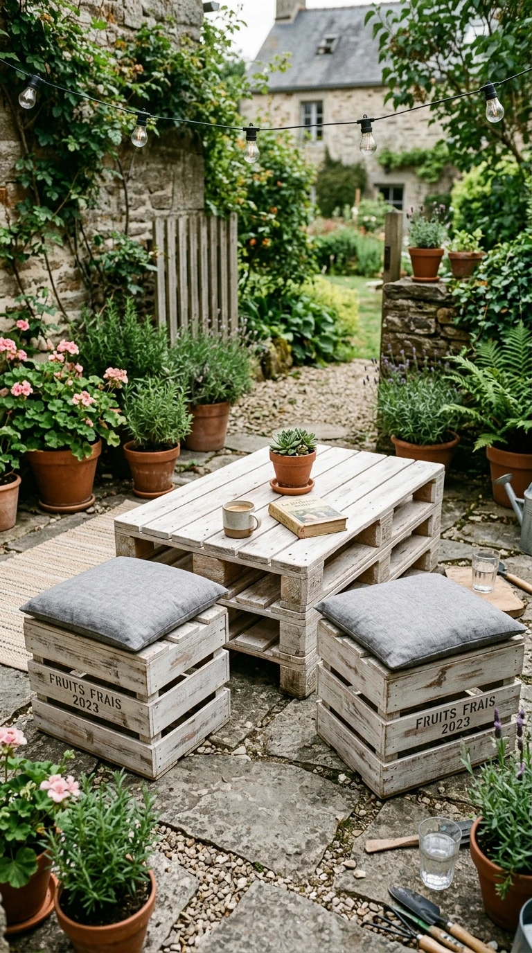 Table Palette et Caisses de Bois