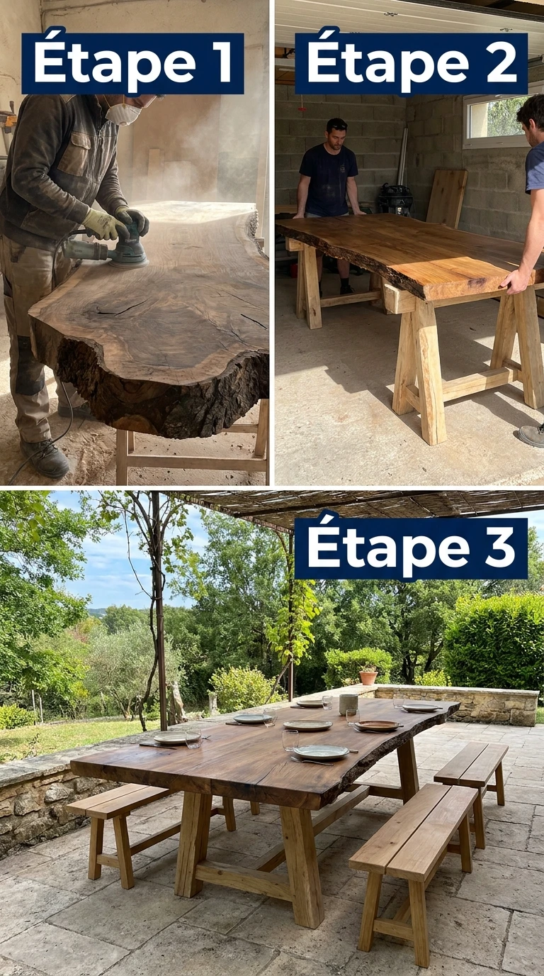 Table Tranche de Chêne Massif sur Tréteaux Robinier