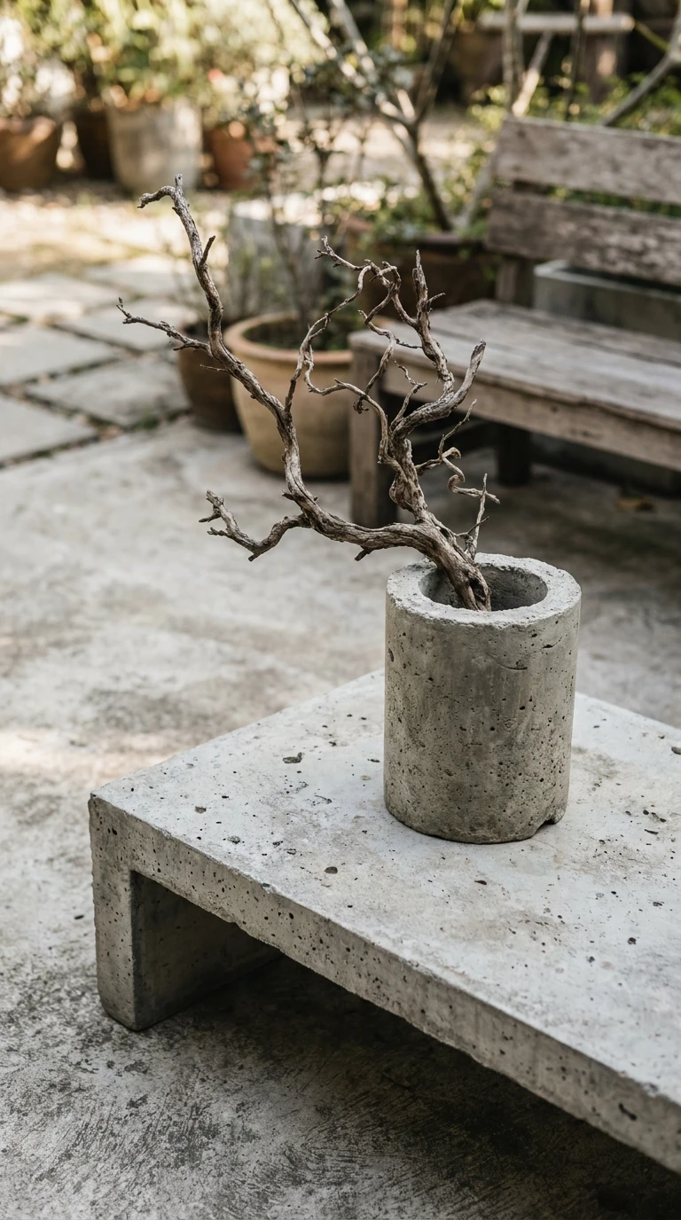 Vase en Béton Brut avec une Seule Branche