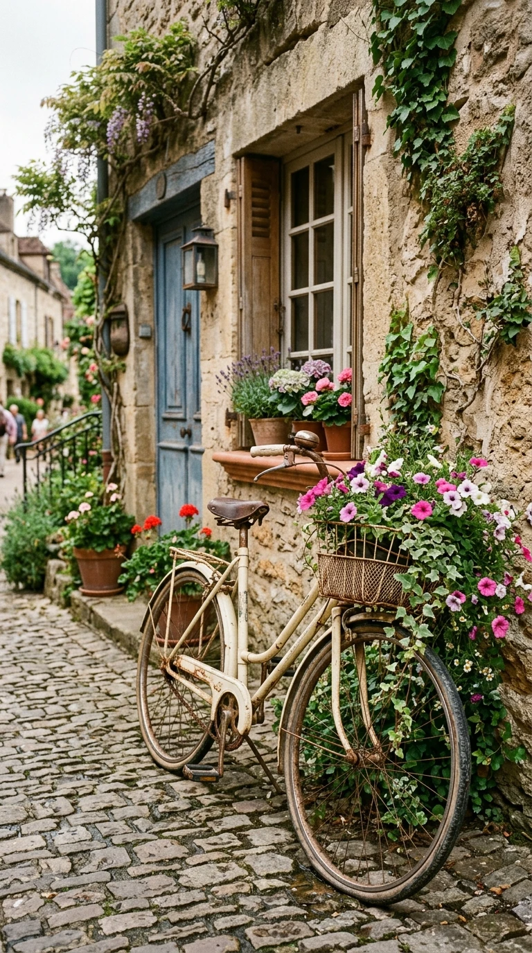 Vélo Ancien Planté de Fleurs Façade
