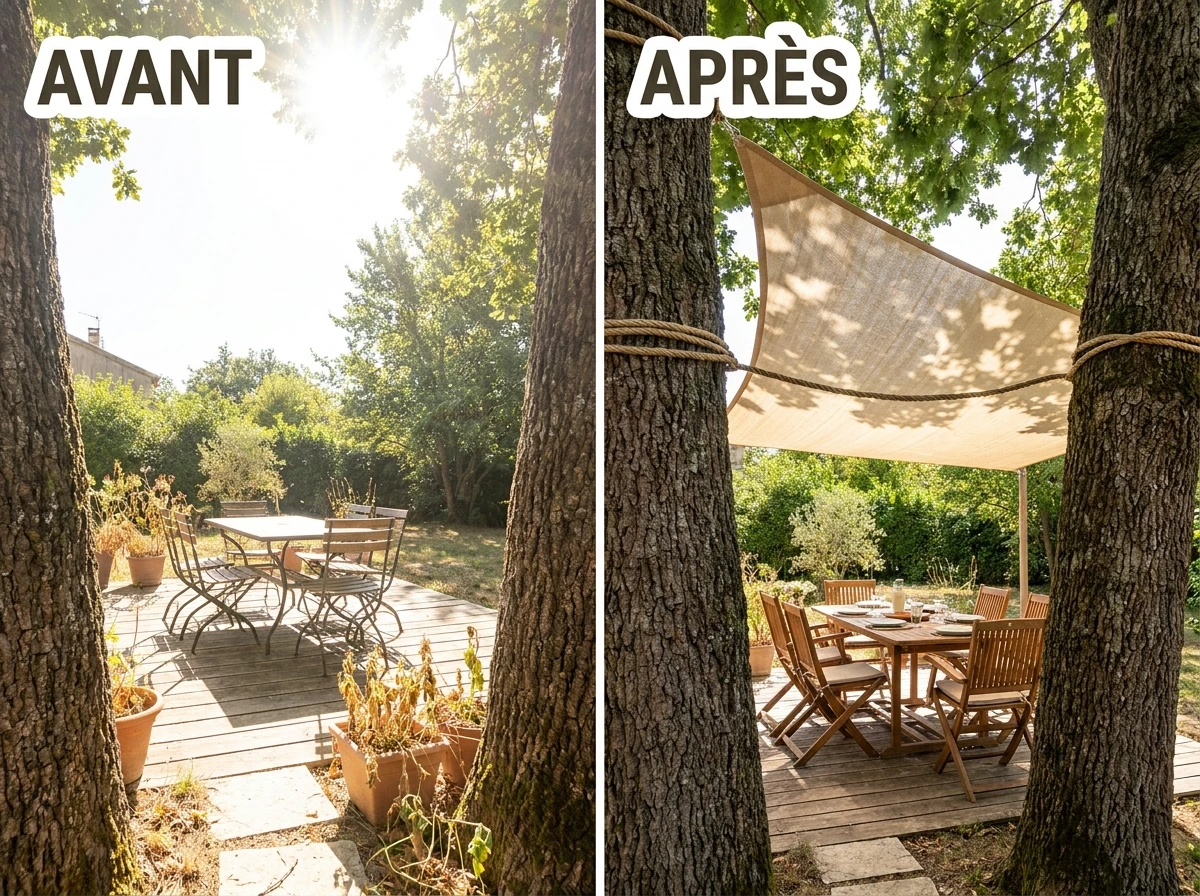 Voile d'Ombrage Triangulaire Tendu entre les Arbres