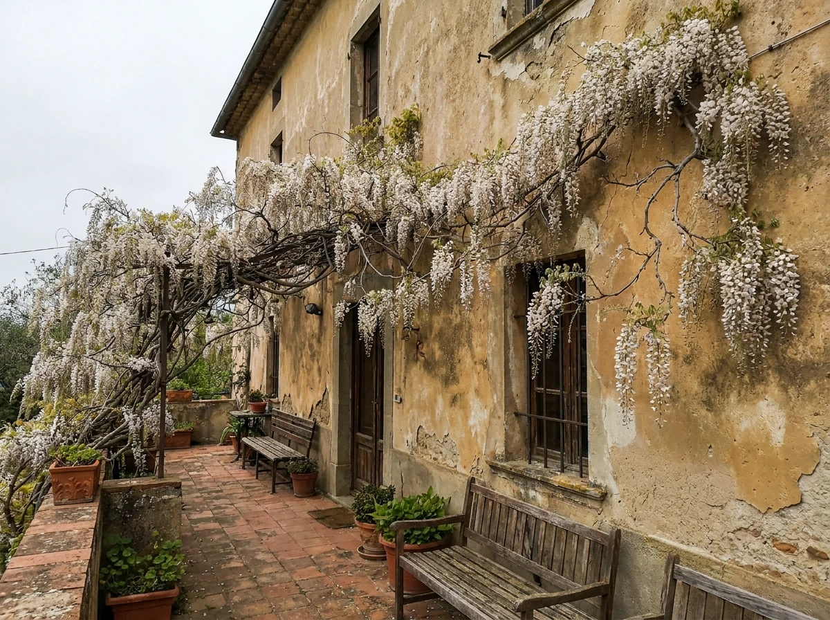 Wisteria Blanc sur Treille Façade